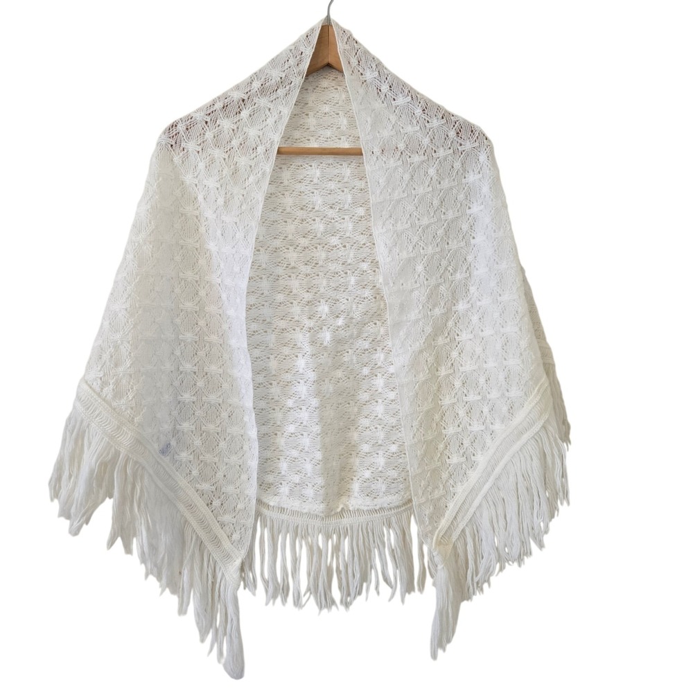 Vintage Crochet Fringe Shawl Ivory Bridal Wrap Boho Wedding Cottagecore